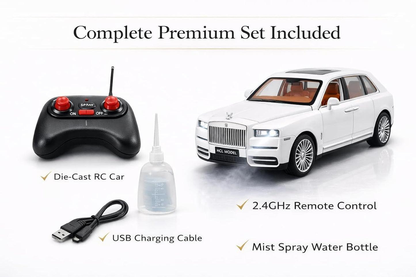 RC Rolls Royce Car with Mist Spray, Openable Doors Bonnet & Trunk, LED Headlights, 2.4GHz Remote Control, Die-Cast