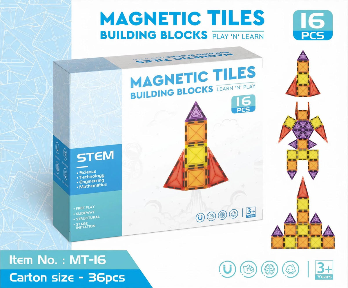 Magnetic Tiles Building Blocks - 16 PCS Mini Rocket & Castle Starter Kit (MT-16)