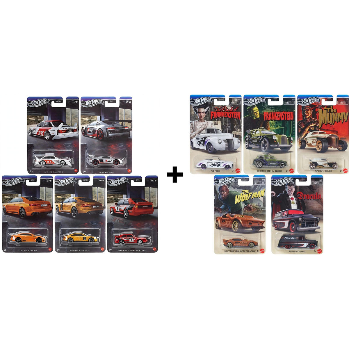 Hot Wheels Silver Series Combo - Audi Set of 5 + Universal Monsters Set of 5 (10 Cars)