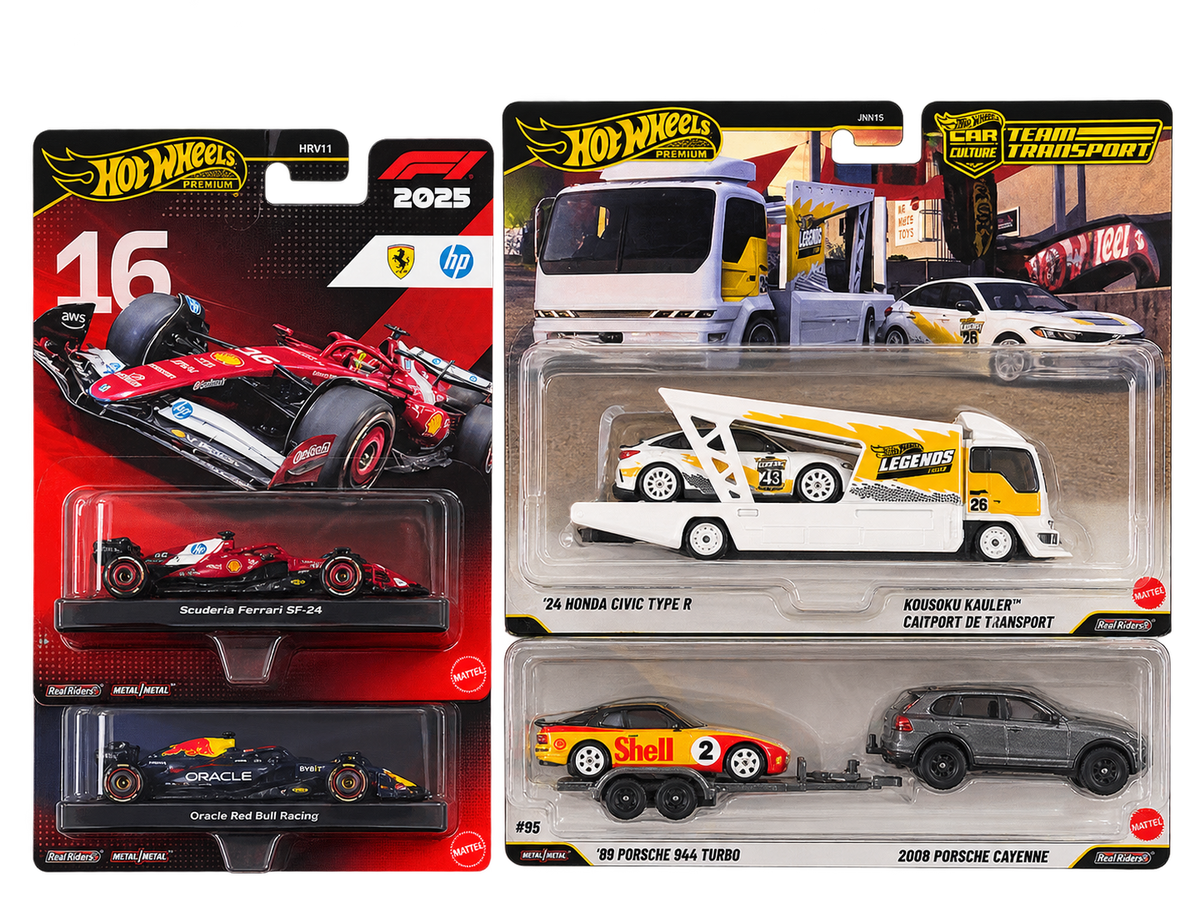 Hotwheels team transport Honda and Porsche + f1 premium Ferrari and red bull combo