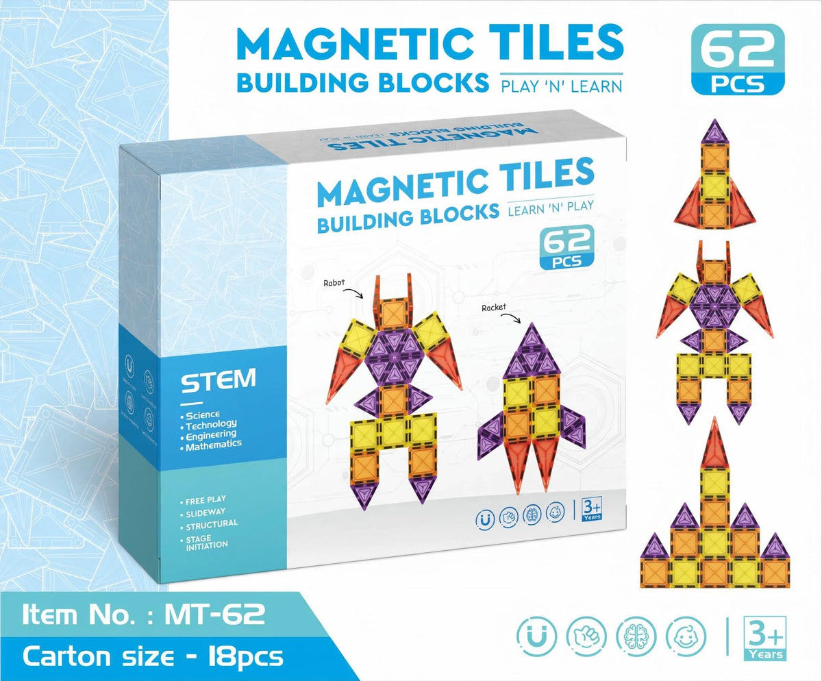 Magnetic Tiles Building Blocks - 62 PCS Rocket, Robot & Castle Master Set (MT-62)