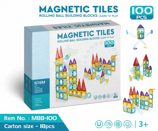 STEM Magnetic Tiles - 100 PCS Ultimate Rolling Ball Maze Building Blocks Set (MBB-100)