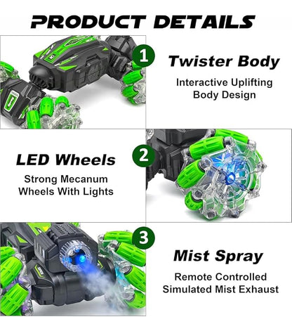RC Stunt Car with Gesture Control, 360 Degree Spin, LED Mecanum Wheels, Mist Spray and Twister Body
