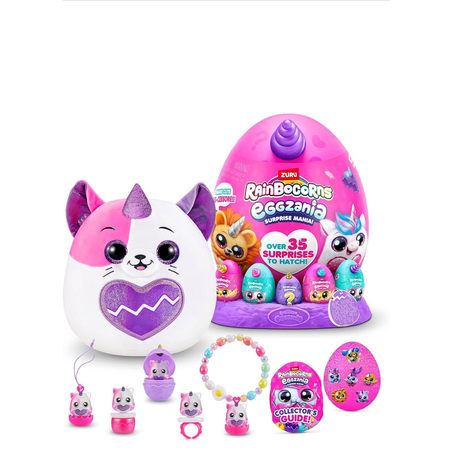 ZURU-Rainbocorns Eggzania Surprise Mania Trixie the Kitten - Collectible Plush - Over 35 Surprises Inside, 28 cm, Cuddle Plush Stuffed Animal, Rings, Bracelets, Stickers, Wearable Accessories (Kitten)