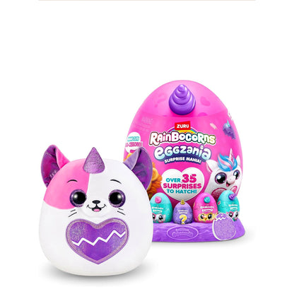 ZURU-Rainbocorns Eggzania Surprise Mania Trixie the Kitten - Collectible Plush - Over 35 Surprises Inside, 28 cm, Cuddle Plush Stuffed Animal, Rings, Bracelets, Stickers, Wearable Accessories (Kitten)