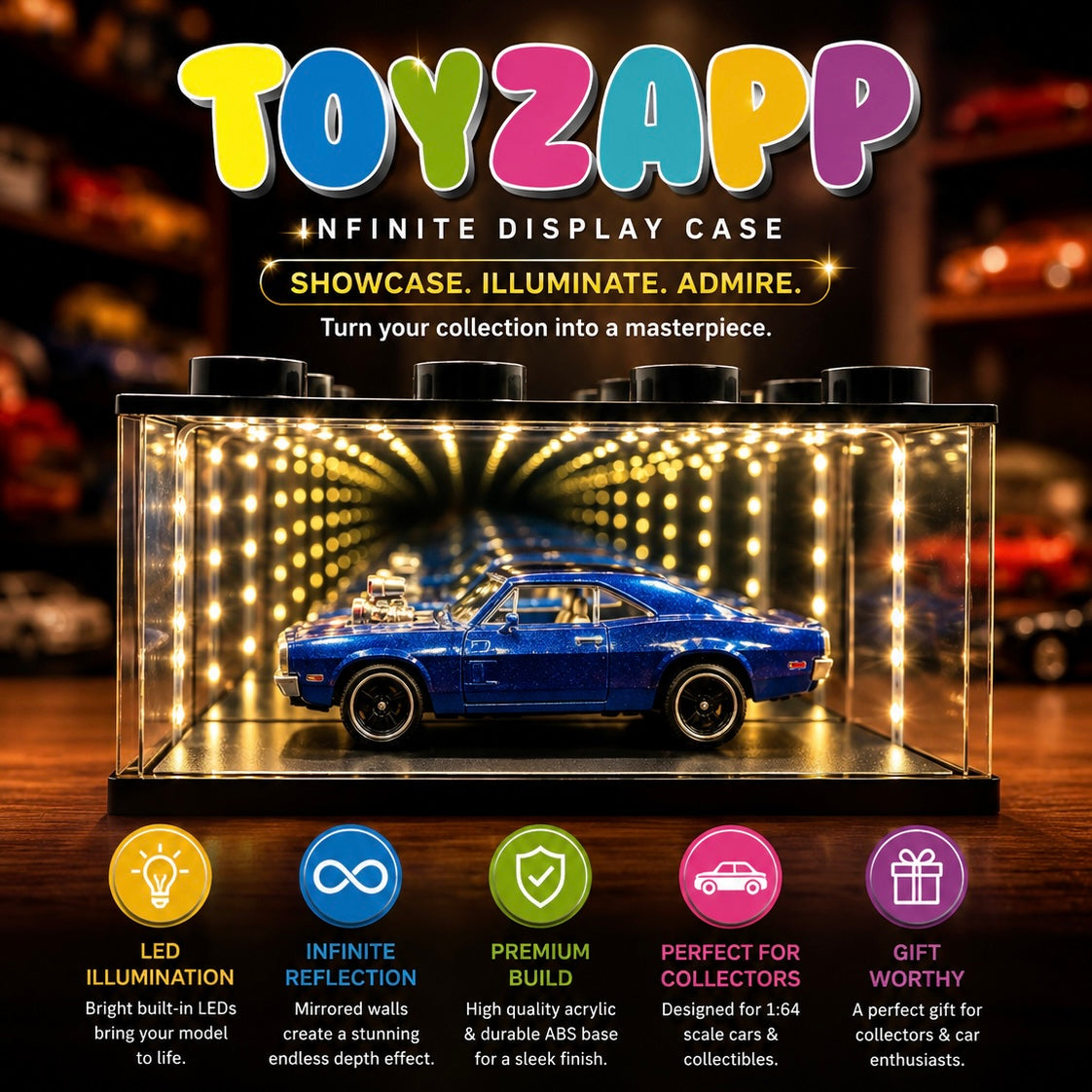 LED Infinity Mirror Car Display Case | 3D Diecast Diorama Showcase for Model Cars | Sound Control Collector Box