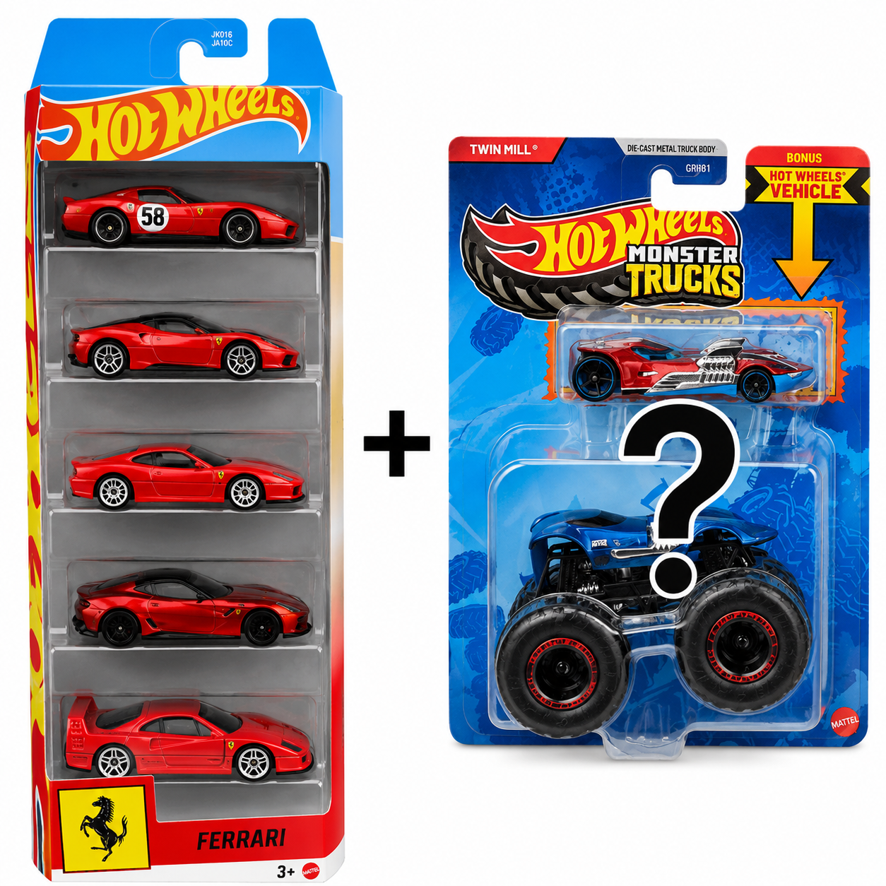 HotWheels Ferrari 5 pack + random HotWheels monster truck