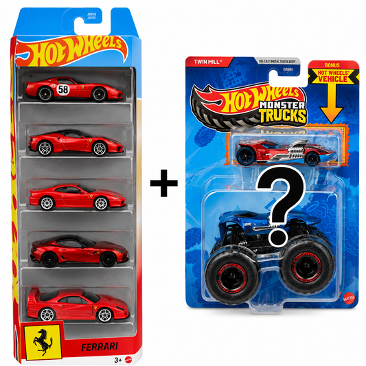 HotWheels Ferrari 5 pack + random HotWheels monster truck