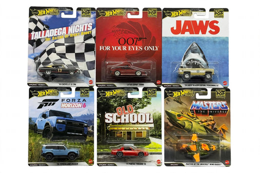 Hot Wheels Premium Pop Culture 2025 Complete Set of 6 JAWS / 007 / Talladega Nights / Forza / Old School / MOTU Wind Raider- HXD63