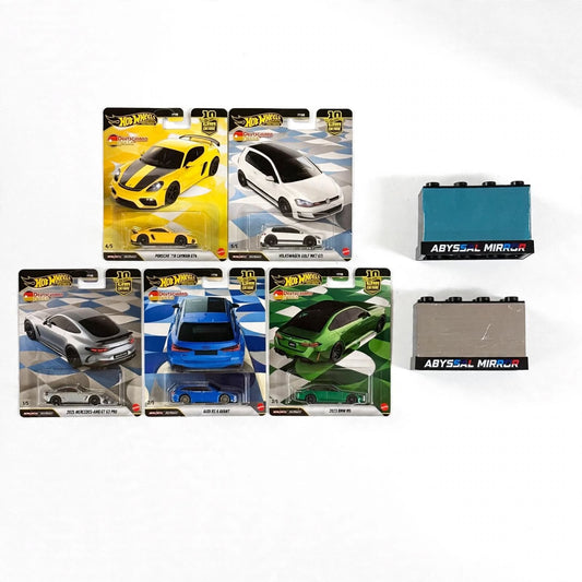 Hot Wheels Deutschland Design Complete Set of 5 + 2 Abyssal Mirror Display Blocks | Porsche, VW, AMG GT 63 Pro, Audi RS 6 Avant, BMW M5