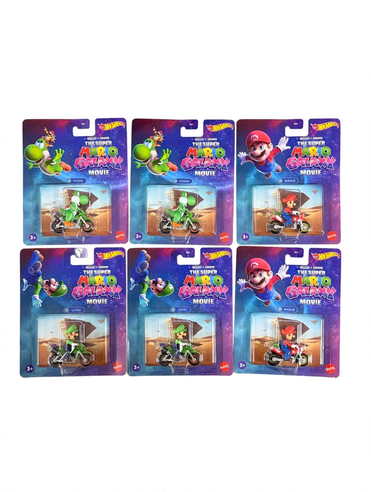 Hot Wheels The Super Mario Galaxy Movie Lot of 6 | Mario x2, Luigi x2, Yoshi x2 on Bikes