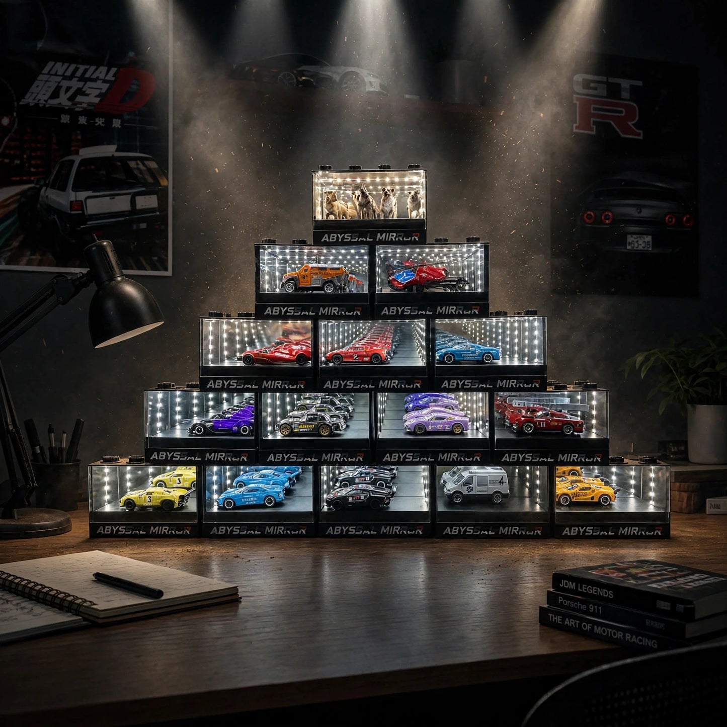 LED Infinity Mirror Car Display Case | 3D Diecast Diorama Showcase for Model Cars | Sound Control Collector Box