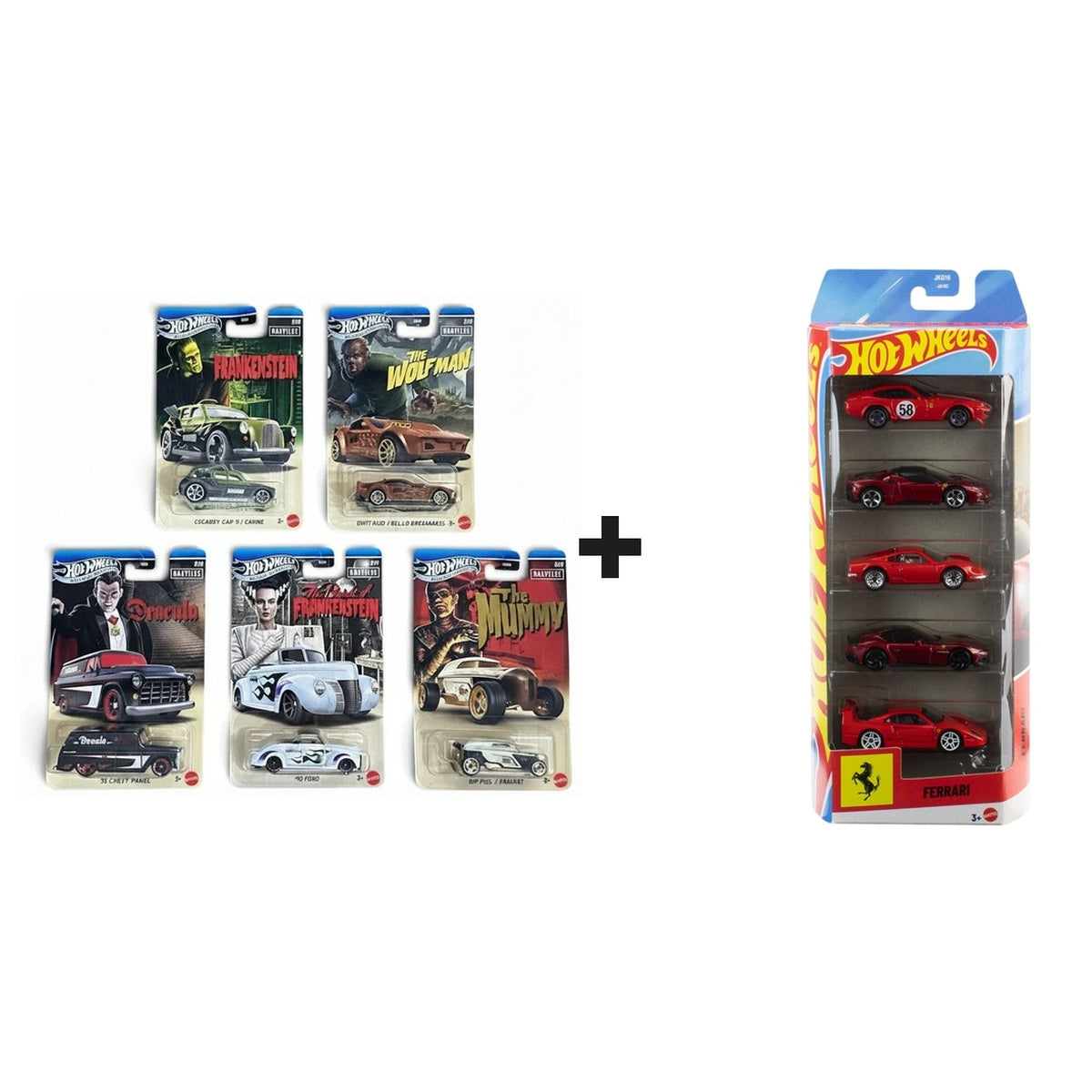 hotwheels ferrari 5 car pack + hotwheels universal monster set 2026